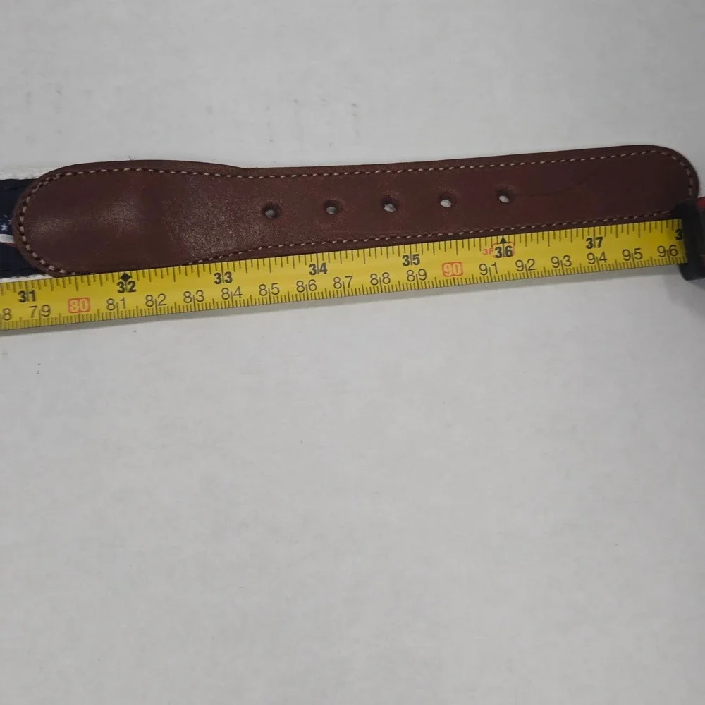 Guy Harvey Mens Marlin American Flag Ribbon Belt Navy White Leather Brass 34